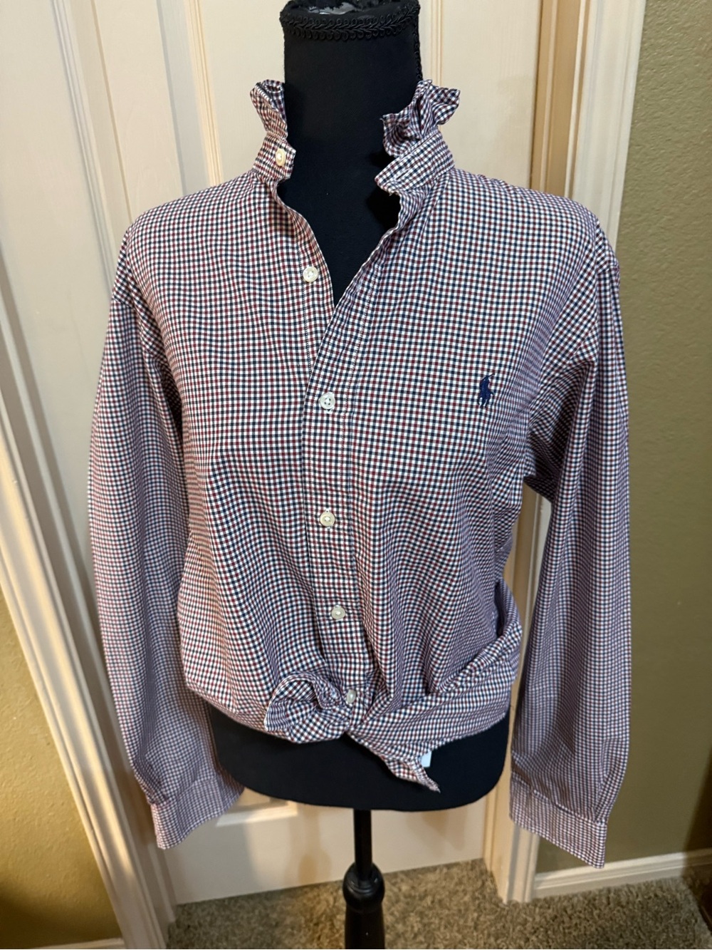 Ralph Lauren Red & Navy Gingham Ruffle Tie-Front Button-Down Shirt